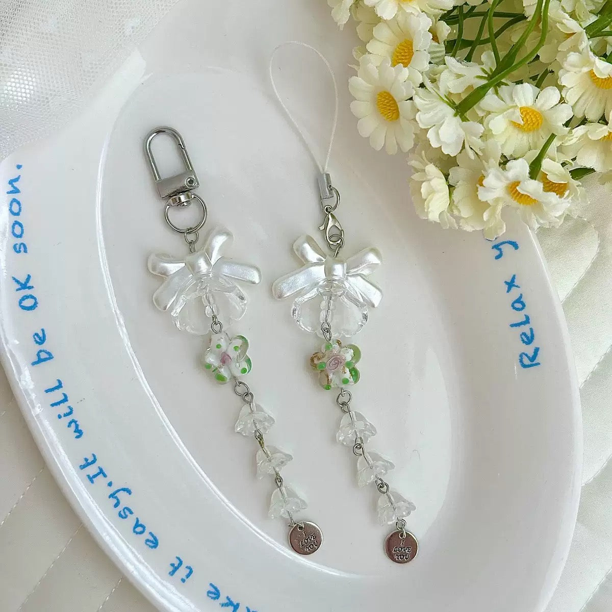 Glass Crystal Lily of the Valley Wind Chime Charm – Beaded Phone Strap Bag Decoration Keychain