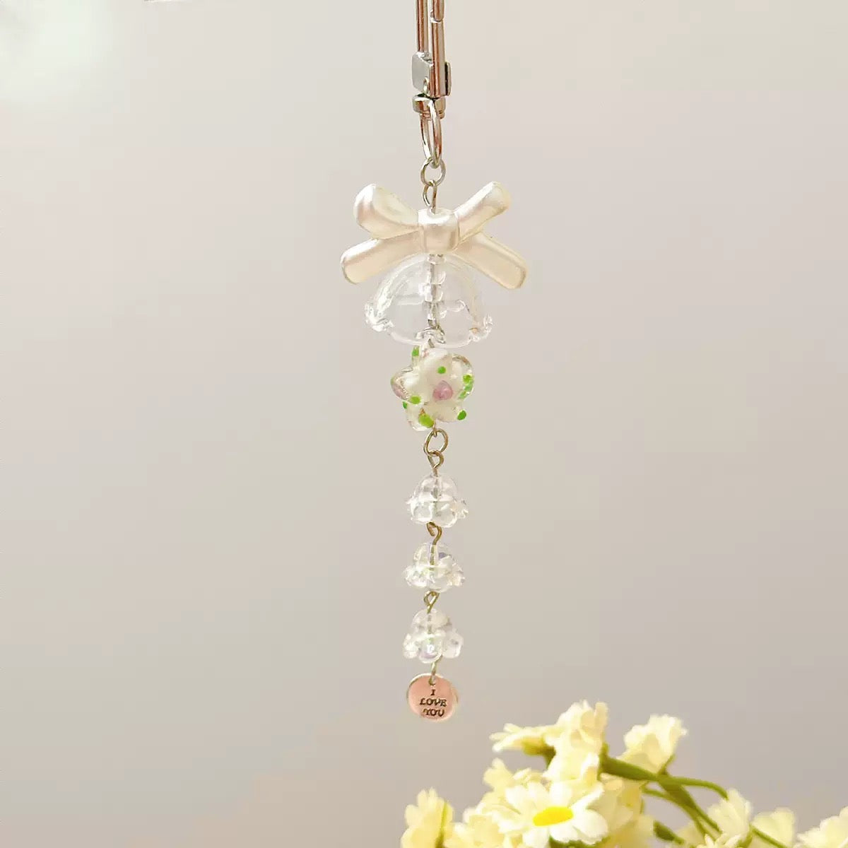 Glass Crystal Lily of the Valley Wind Chime Charm – Beaded Phone Strap Bag Decoration Keychain